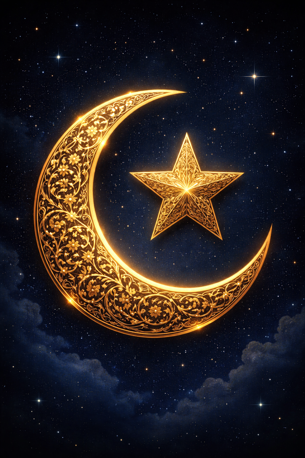 Golden Crescent Moon and Star — Ornate Islamic Symbol
